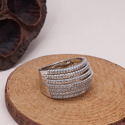 Warm Fortune Multi-Layer Paved CZ Statement Ring for Women, 18K Gold Plated Wide Band Ring, Sparkling Cubic Zirconia Cocktail Ring, Elegant Party & Everyday Jewelry, Size 8-11