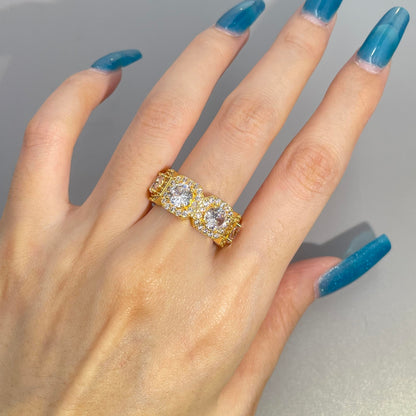 Warm Fortune Gold Plated Cubic Zirconia Band Ring, Hip Hop Street Style For Man or Women Fashion Jewelry