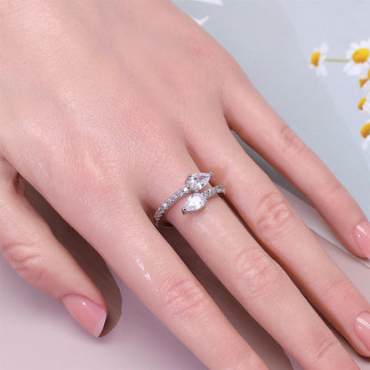 Warm Fortune Adjustable Open Bypass Band Ring for Women,18K Gold Plated Dual Pear Cut CZ Stackable Promise Fashion Jewelry Gift, Size 7-9