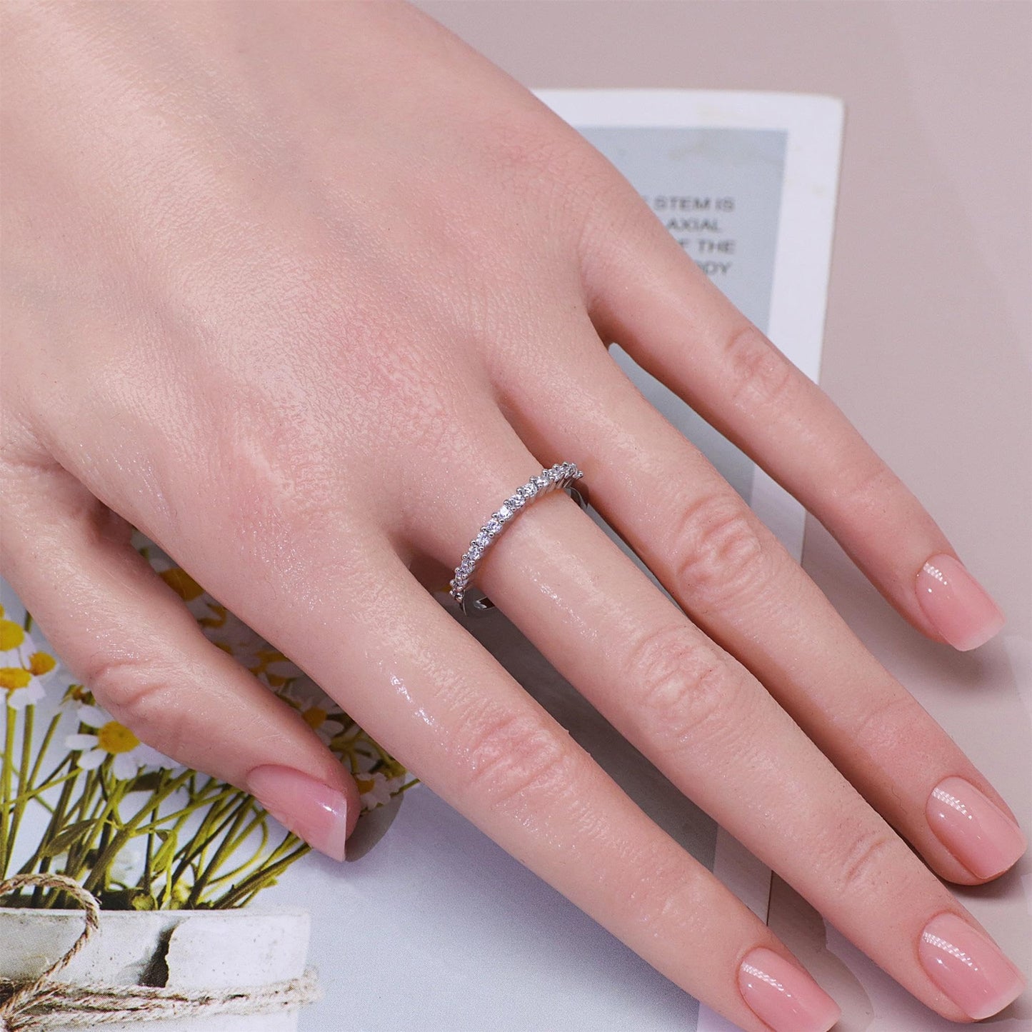Warm Fortune Half Eternity Stackable Band Ring for Women - 18K Silver Plated Cubic Zirconia, Wedding & Daily Stack Jewelry Gift, Adjustable