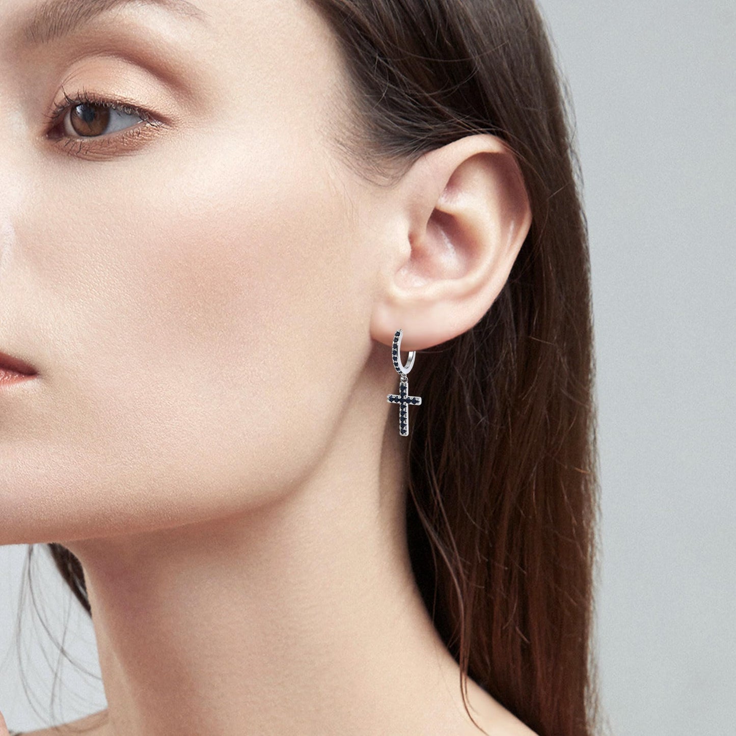 Warm Fortune 18K White Gold Plated Black CZ Cross Hoop Earrings