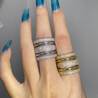 Warm Fortune Three-Layer Full Paved Band Ring Set - 18K Gold Plated Cubic Zirconia Stackable Gift for Women, Daily Fashion Wear & Casual Accessory, Trendy Street Wear, Size 6-9
