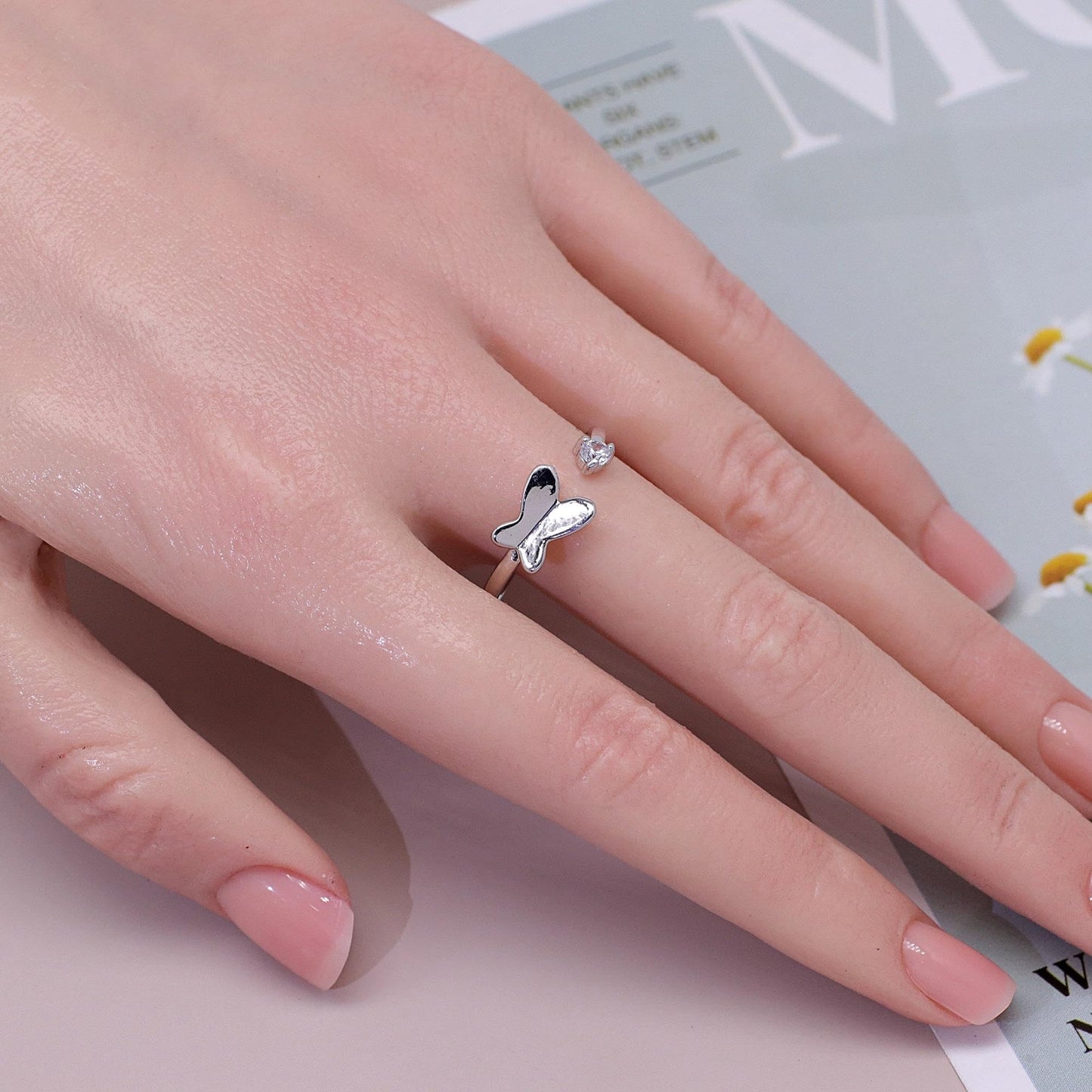 Warm Fortune Butterfly Promise Ring for Her - 18K Gold Plated Cubic Zirconia, Stackable Gift Valentine's Day, Fashion & Daily Elegant Wear, Size 7-8