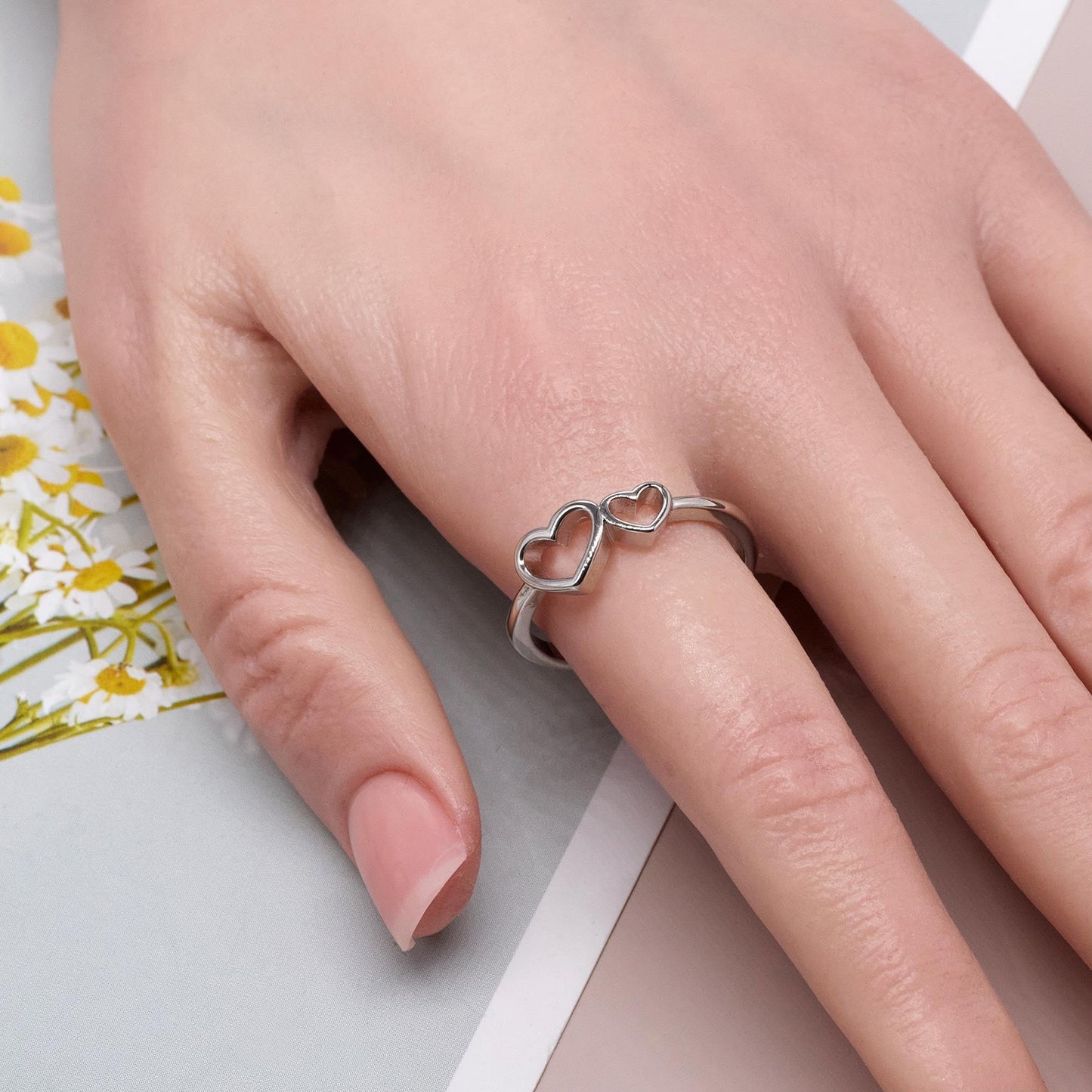 Warm Fortune Adjustable Open Band Ring for Women, 18K Gold Plated Double Hollow Heart Dainty Stackable Promise Friendship Jewelry Gift