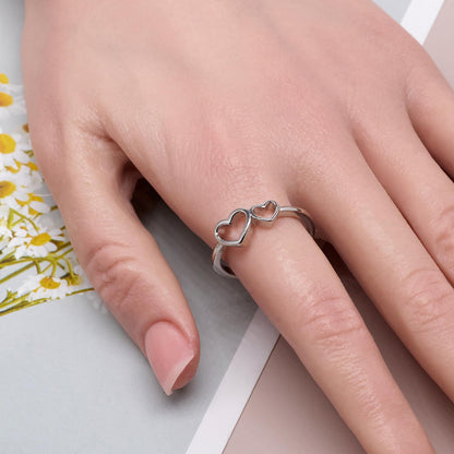 Warm Fortune Adjustable Open Band Ring for Women, 18K Gold Plated Double Hollow Heart Dainty Stackable Promise Friendship Jewelry Gift