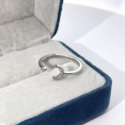 Warm Fortune Moon Open Band Ring - 18K Gold Plated Cubic Zirconia Stackable Gift for Women, Minimalist Daily Fashion Jewelry, Adjustable