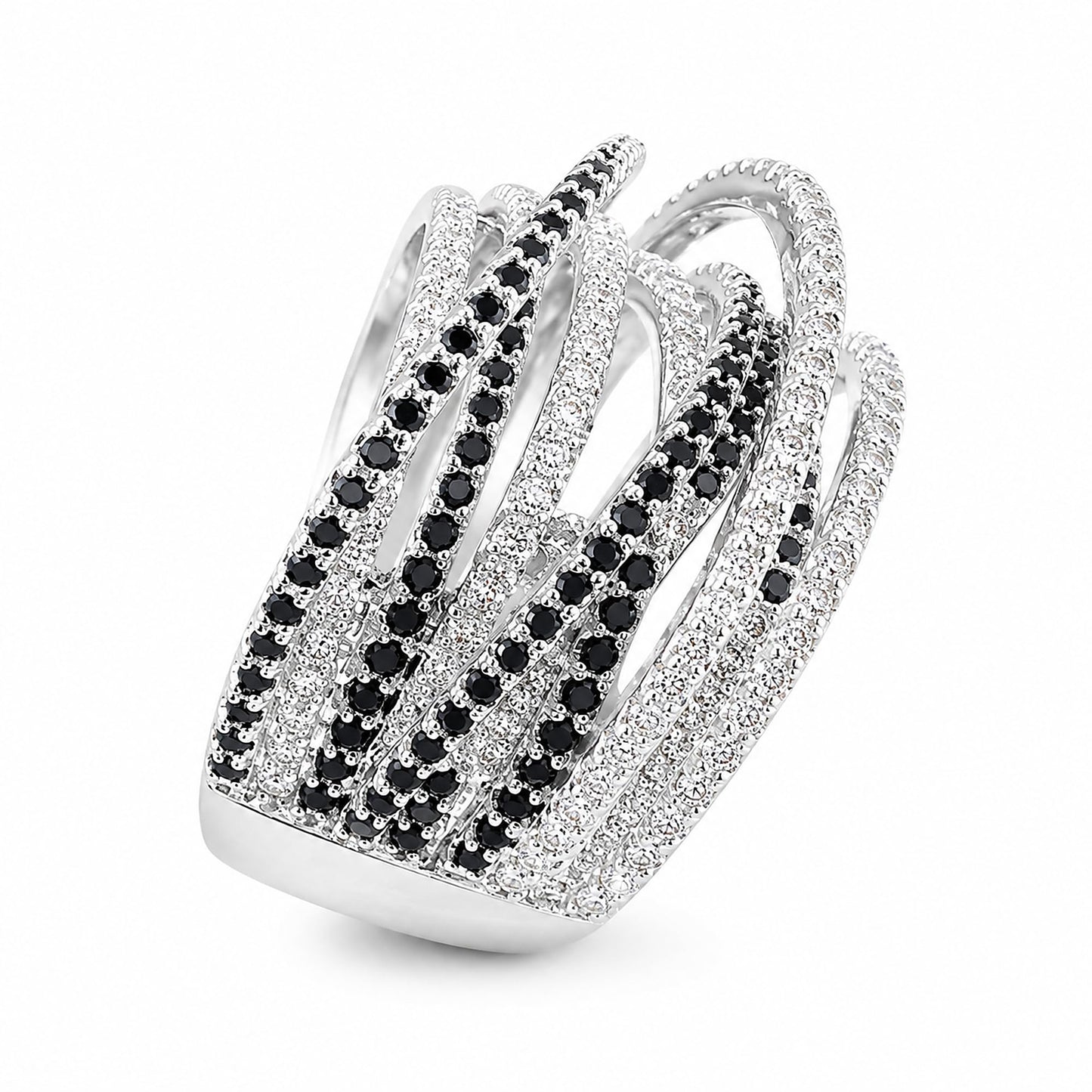 Warm Fortune Black & White Multi-Layer Intertwined Promise Ring for Her - 18K Gold Plated Cubic Zirconia, Stackable Gift Valentine's Day, Fashion & Daily Elegant Wear, Size 7-8