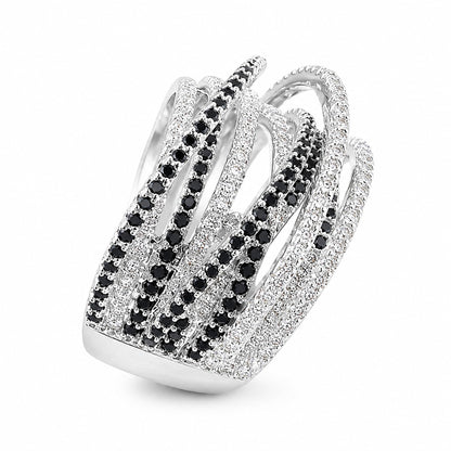Warm Fortune Black & White Multi-Layer Intertwined Promise Ring for Her - 18K Gold Plated Cubic Zirconia, Stackable Gift Valentine's Day, Fashion & Daily Elegant Wear, Size 7-8