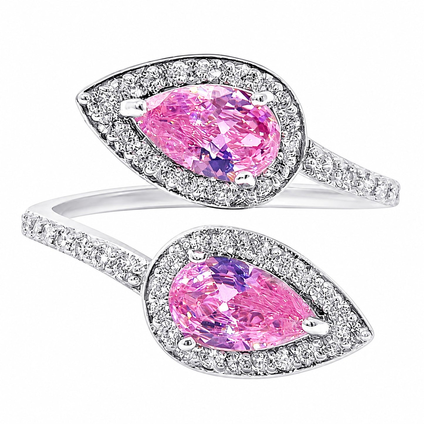 Warm Fortune Dual‑Pear‑Shape Halo Bypass CZ Ring for Women, 18K White Gold Plated Teardrop‑Shaped Cubic Zirconia Statement Band, Dainty Elegant Jewelry