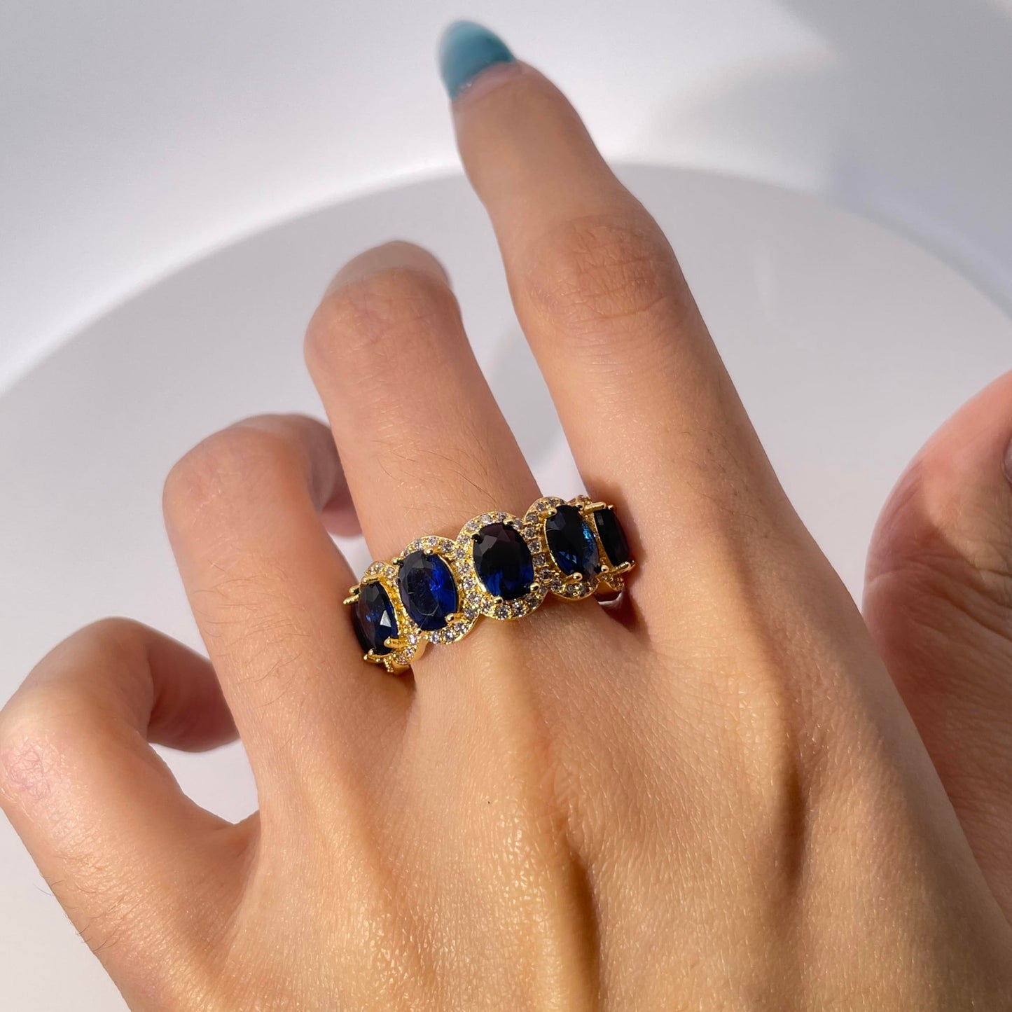 Warm Fortune 18K Gold Plated Oval Cubic Zirconia Full Eternity Band Ring, Micro Pave Halo Stackable Wedding Band Jewelry for Women, Size 6-9