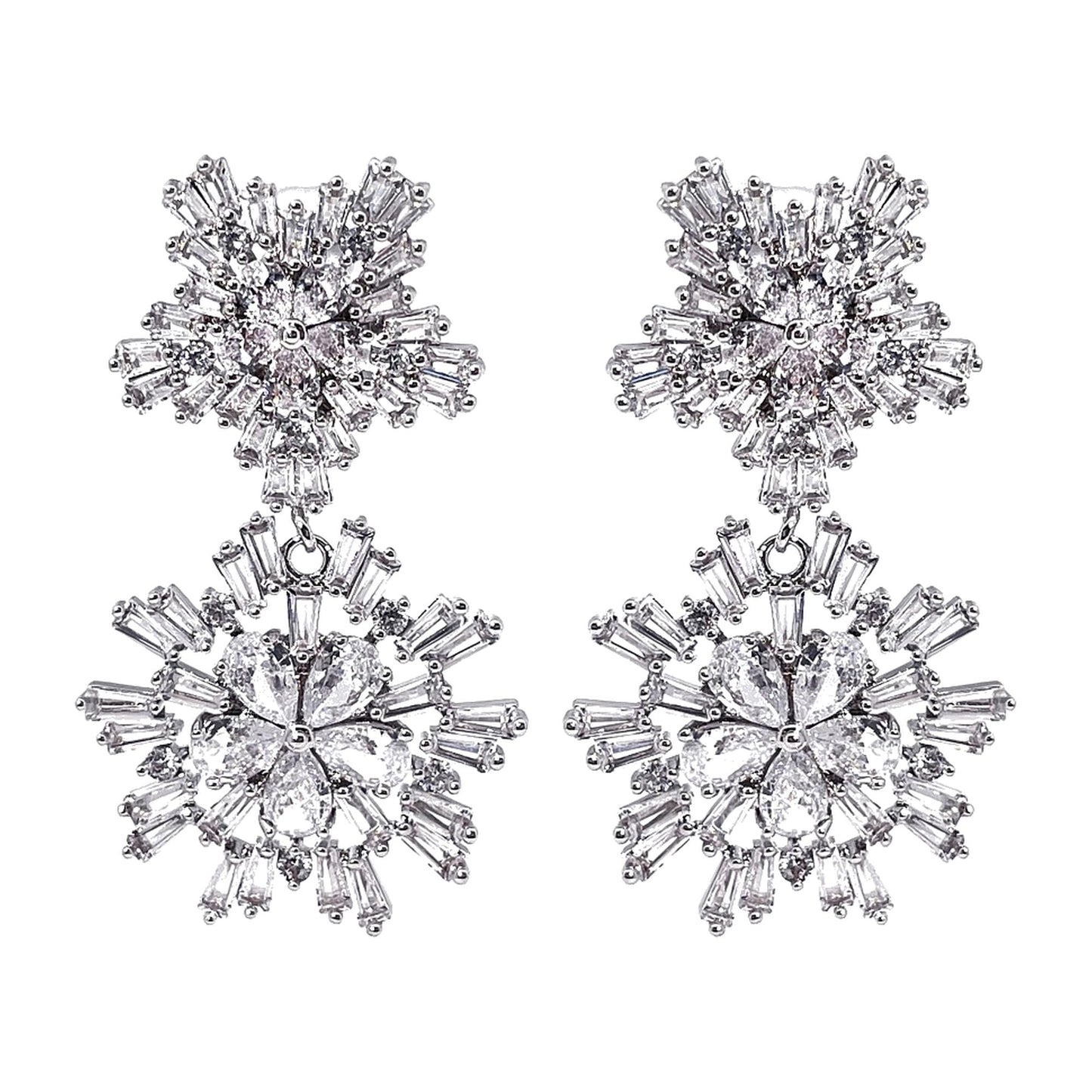 Warm Fortune 2-Tier Double Snowflake Long Dangle Stud Earrings for Women, Full Pave Round & Baguette Cut Cubic Zirconia 18K Gold Plated Sparkling Drop Jewelry Gift for Wedding Brides Valentine's Day