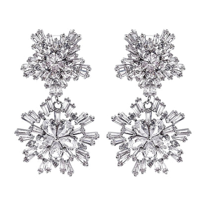 Warm Fortune 2-Tier Double Snowflake Long Dangle Stud Earrings for Women, Full Pave Round & Baguette Cut Cubic Zirconia 18K Gold Plated Sparkling Drop Jewelry Gift for Wedding Brides Valentine's Day