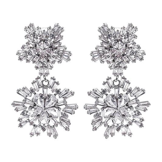 Warm Fortune 2-Tier Double Snowflake Long Dangle Stud Earrings for Women, Full Pave Round & Baguette Cut Cubic Zirconia 18K Gold Plated Sparkling Drop Jewelry Gift for Wedding Brides Valentine's Day