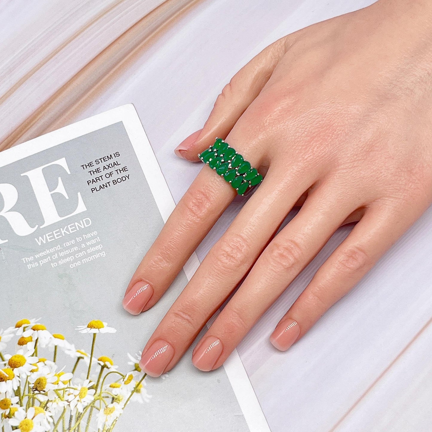 Warm Fortune Double Row Pear Cut Green CZ Eternity Ring for Women,18K Gold Plated Wide Stackable Promise Band Jewelry Gift, Size 6-9