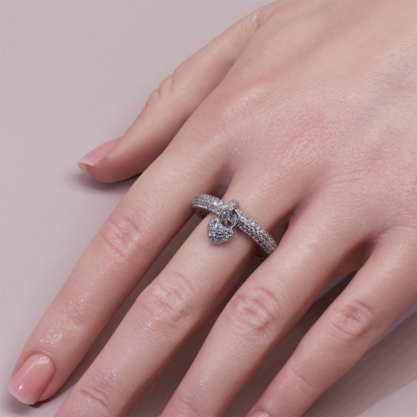 Warm Fortune Paved CZ Open Ring with Heart Charm for Women,18K Gold Plated Adjustable Stackable Daily Jewelry