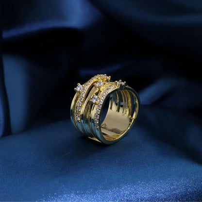 Warm Fortune Gold Plated Cubic Zirconia Band Ring, Hip Hop Street Style For Man or Women Fashion Jewelry