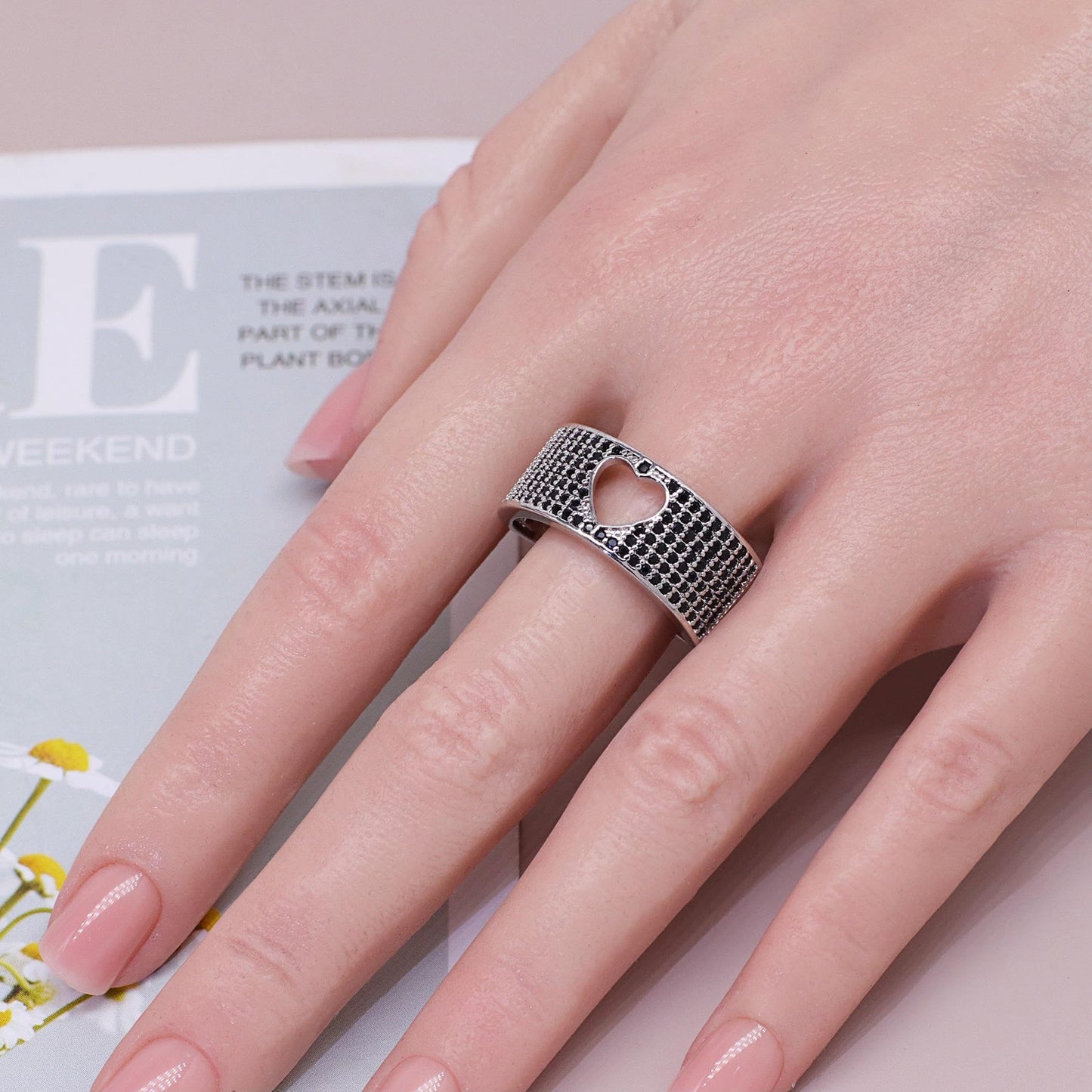 Warm Fortune Wide Band Heart Cutout Black Zircon Promise Ring for Her - 18K Gold Plated, Stackable Gift Valentine's Day, Fashion & Daily Elegant Wear, Size 8