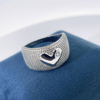 Warm Fortune Heart Center Full Paved Cubic Zirconia Wide Statement Ring for Women, 18K White Gold Plated Luxury Stackable Fashion Jewelry, Size 7-9