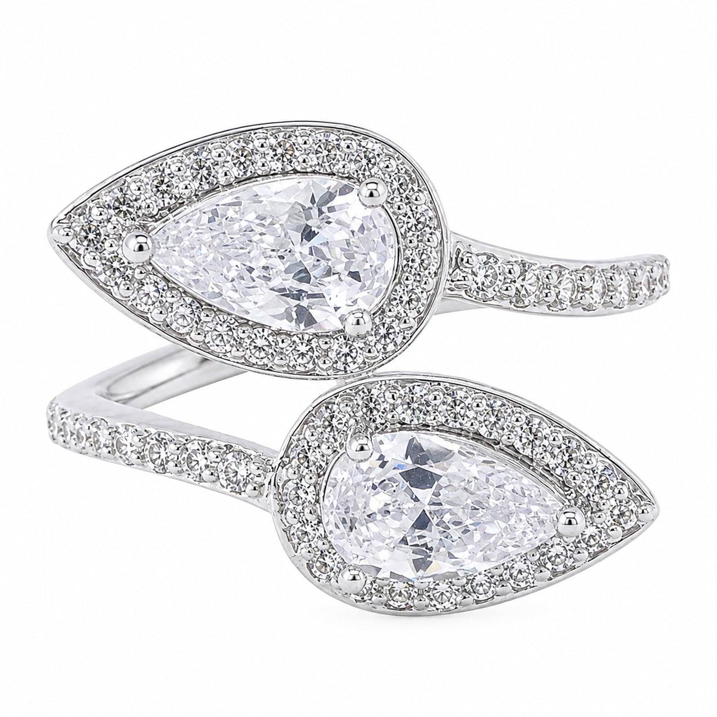 Warm Fortune Dual‑Pear‑Shape Halo Bypass CZ Ring for Women, 18K White Gold Plated Teardrop‑Shaped Cubic Zirconia Statement Band, Dainty Elegant Jewelry
