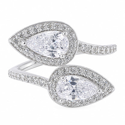Warm Fortune Dual‑Pear‑Shape Halo Bypass CZ Ring for Women, 18K White Gold Plated Teardrop‑Shaped Cubic Zirconia Statement Band, Dainty Elegant Jewelry