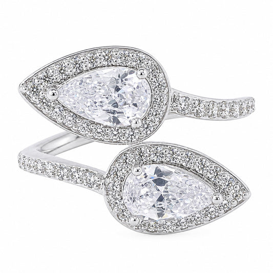 Warm Fortune Dual‑Pear‑Shape Halo Bypass CZ Ring for Women, 18K White Gold Plated Teardrop‑Shaped Cubic Zirconia Statement Band, Dainty Elegant Jewelry