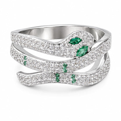 Warm Fortune Emerald Eye Full Paved Snake Promise Ring for Her - 18K Gold Plated Cubic Zirconia, Stackable Gift Valentine's Day, Fashion & Daily Elegant Wear, Size 6-8