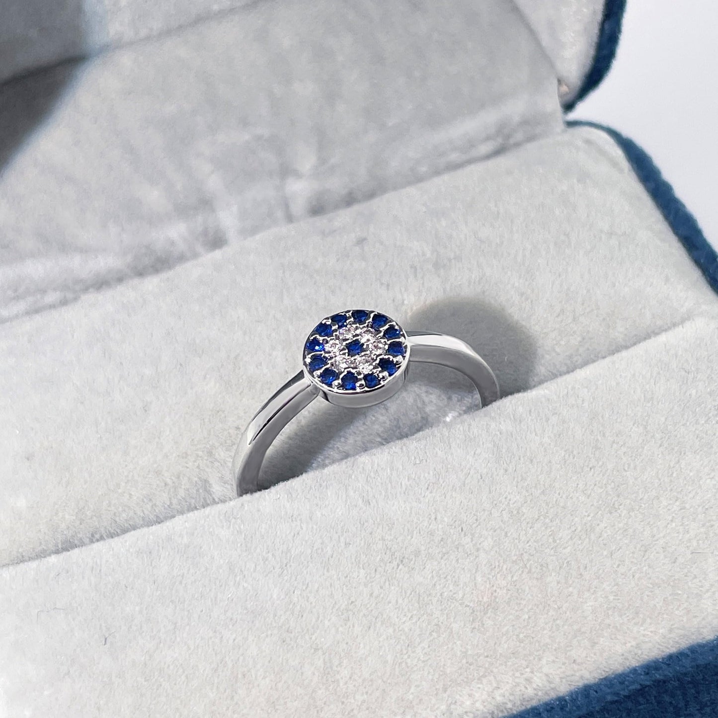 Warm Fortune Blue Halo Promise Ring for Her - 18K Gold Plated Cubic Zirconia, Minimalist Fashion Jewelry for Women, Adjustable