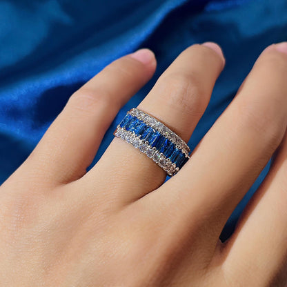 Warm Fortune Baguette Cut Blue CZ Eternity Ring for Women,18K Gold Plated Double Row Round Paved Stackable Promise Band Jewelry, Size 6-8