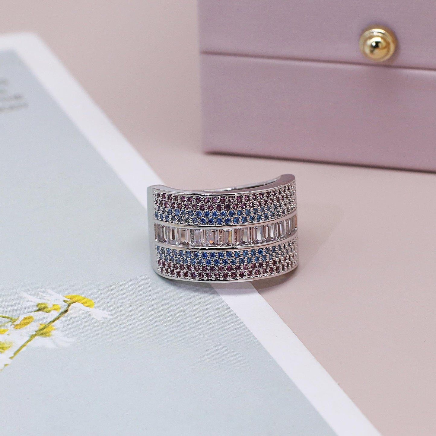 Warm Fortune Baguette & Pavé Wide Band Promise Ring for Her - 18K Gold Plated Cubic Zirconia, Stackable Gift Valentine's Day, Fashion & Daily Elegant Wear，Size 8-9