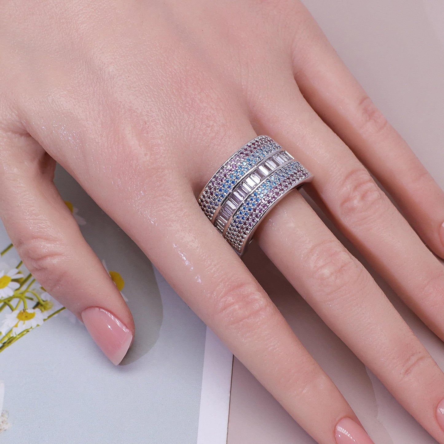 Warm Fortune Baguette & Pavé Wide Band Promise Ring for Her - 18K Gold Plated Cubic Zirconia, Stackable Gift Valentine's Day, Fashion & Daily Elegant Wear，Size 8-9