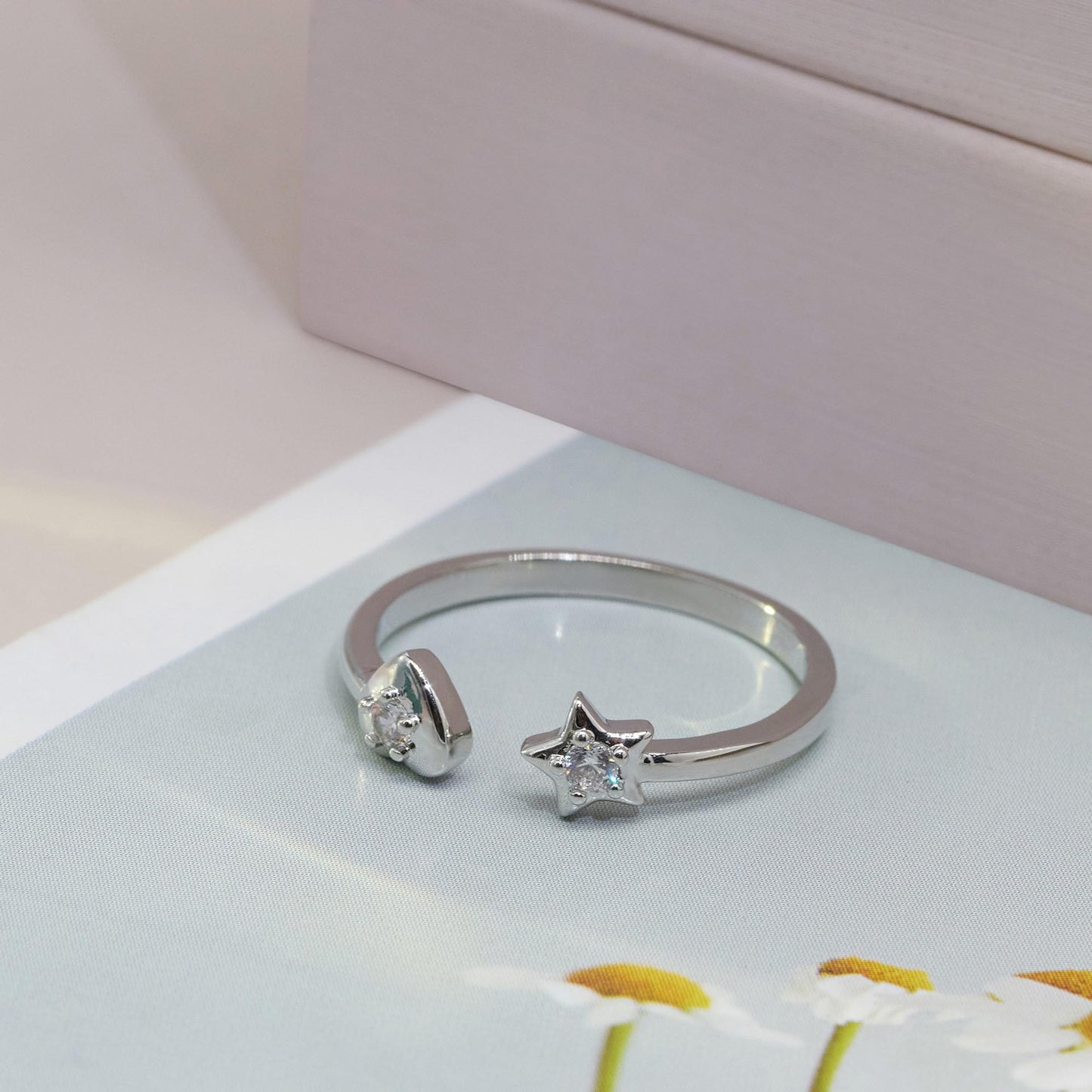 Warm Fortune Star and Heart Open Ring, Adjustable 18K Gold Plated CZ Promise Ring, Cute Stackable Statement Band for Women