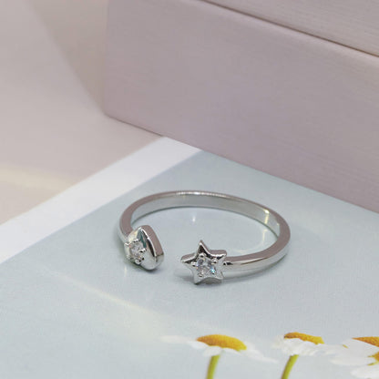 Warm Fortune Star and Heart Open Ring, Adjustable 18K Gold Plated CZ Promise Ring, Cute Stackable Statement Band for Women