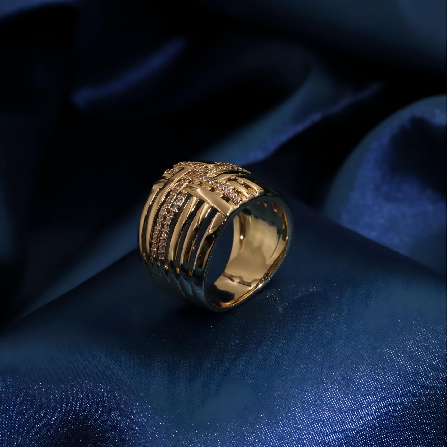 Warm Fortune Gold Plated Cubic Zirconia Band Ring, Hip Hop Street Style For Man or Women Fashion Jewelry