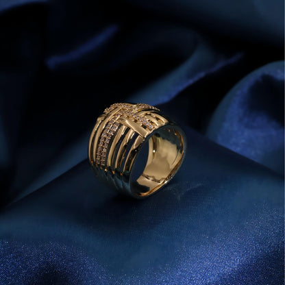 Warm Fortune Gold Plated Cubic Zirconia Band Ring, Hip Hop Street Style For Man or Women Fashion Jewelry