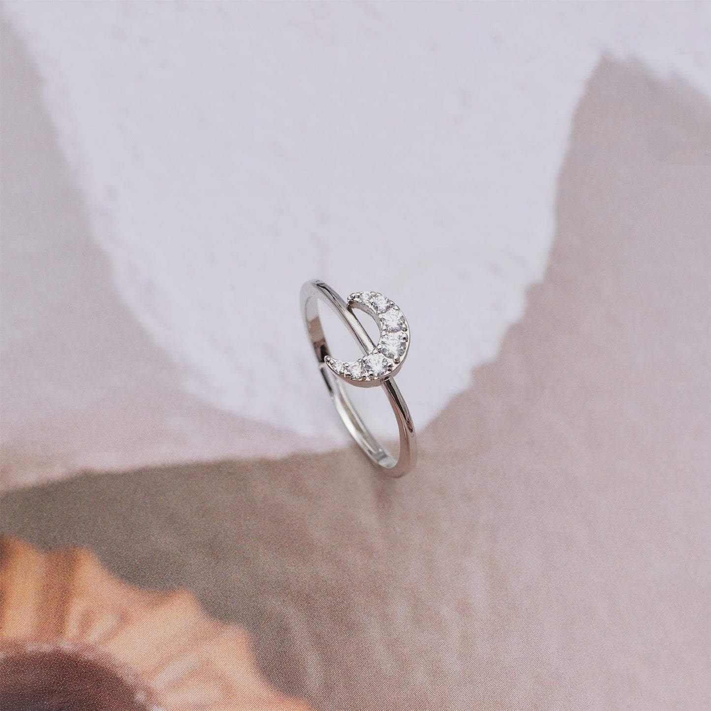 Warm Fortune Moon Shaped Promise Ring for Her - 18K Gold Plated Cubic Zirconia, Stackable Gift Valentine's Day, Fashion & Daily Elegant Wear,Adjustable