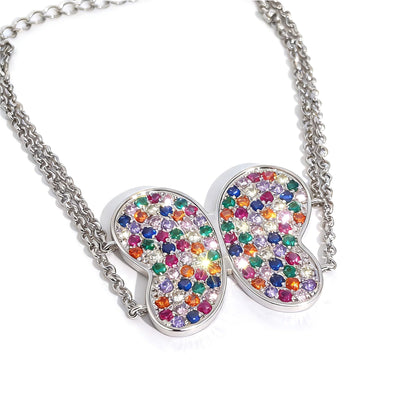 Warm Fortune Multicolor Butterfly Bracelet for Women, Silver-Tone 6.5 Inch Double Chain with Sparkling Stone Inlay