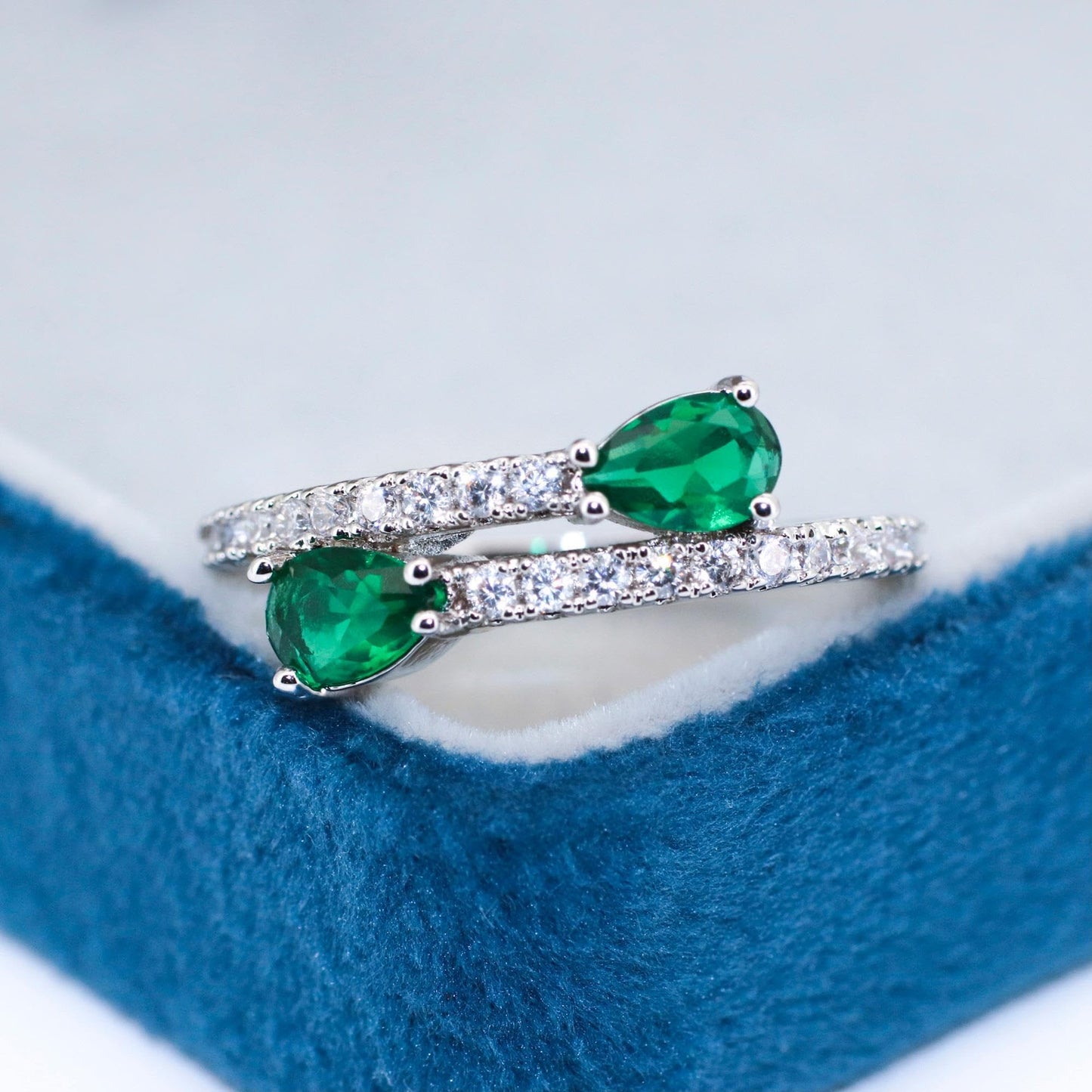Warm Fortune Two Pear Cut Simulated Emerald Ring for Women,18K Gold Plated Side Paved CZ Cocktail Statement Jewelry,Size 8-9