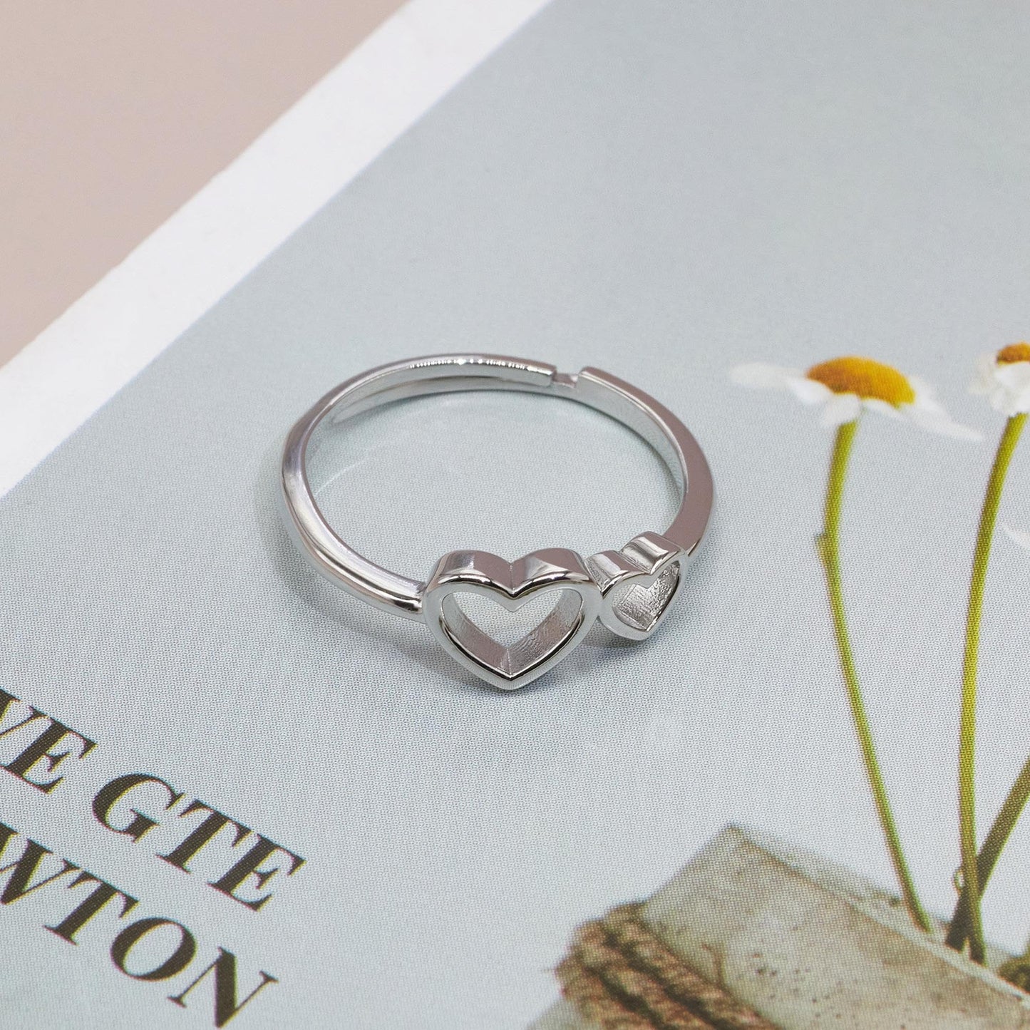 Warm Fortune Adjustable Open Band Ring for Women, 18K Gold Plated Double Hollow Heart Dainty Stackable Promise Friendship Jewelry Gift