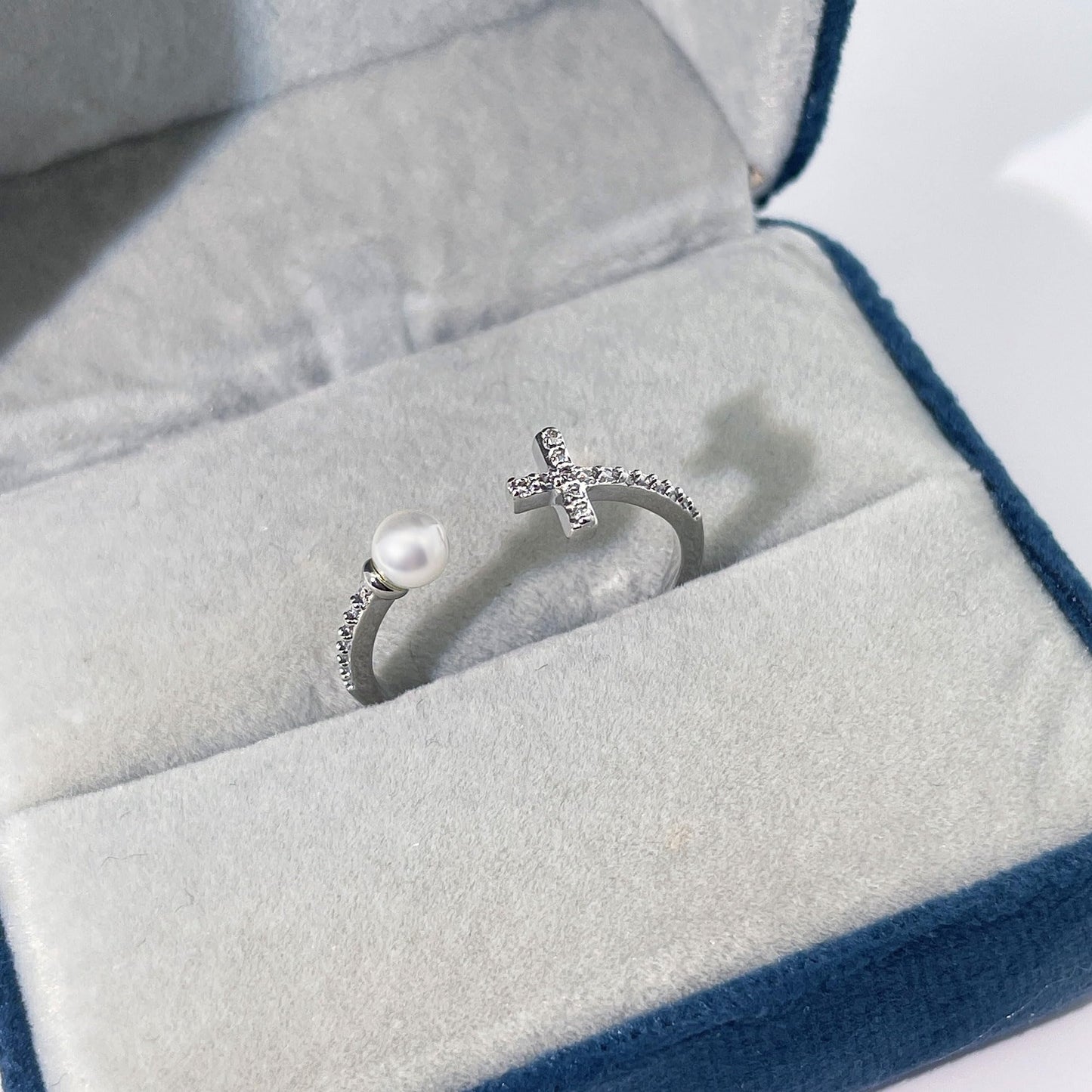 Warm Fortune Cross & Pearl Open Promise Ring for Her - 18K Gold Plated Cubic Zirconia, Stackable Gift Valentine's Day, Fashion & Daily Elegant Wear, Adjustable