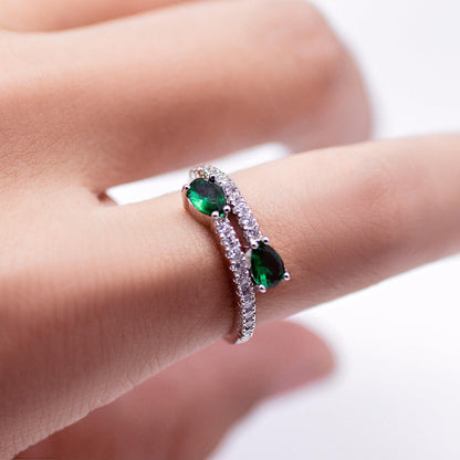 Warm Fortune Two Pear Cut Simulated Emerald Ring for Women,18K Gold Plated Side Paved CZ Cocktail Statement Jewelry,Size 8-9