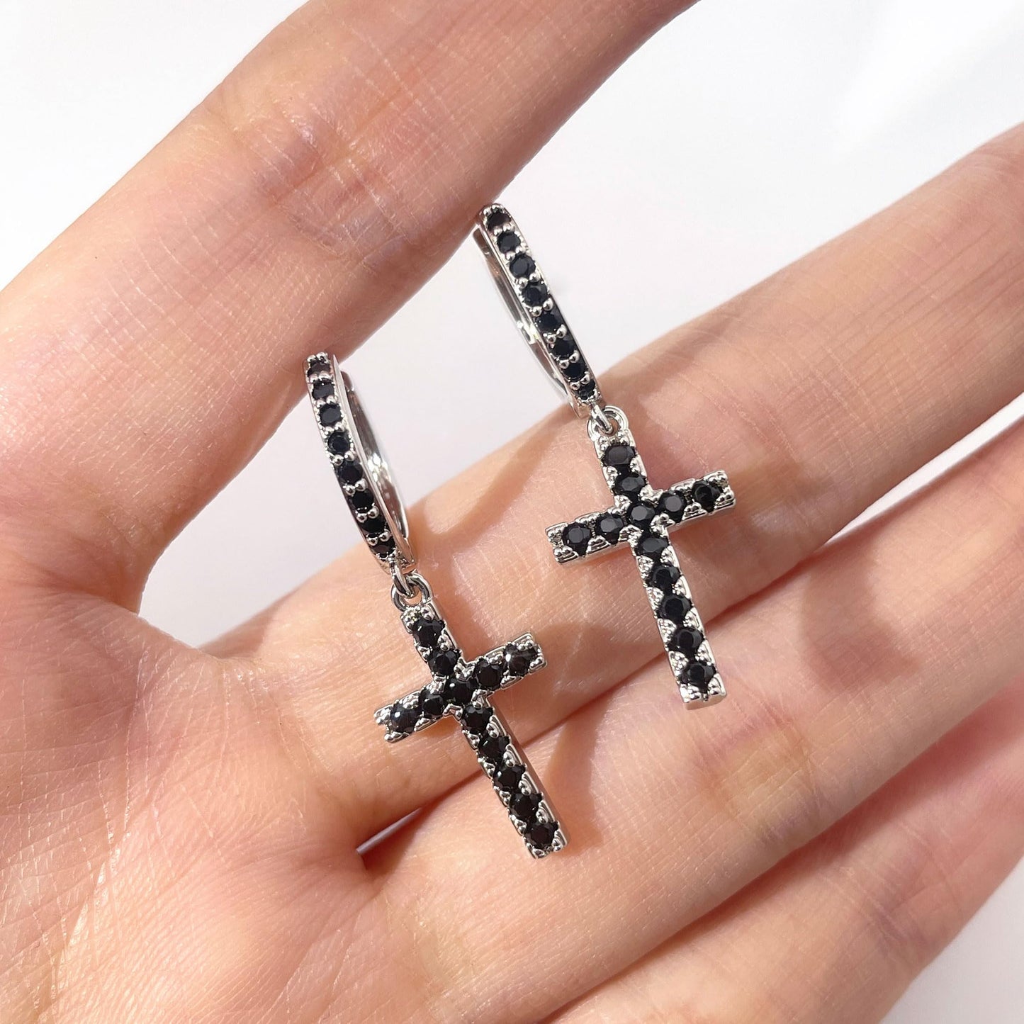 Warm Fortune 18K White Gold Plated Black CZ Cross Hoop Earrings