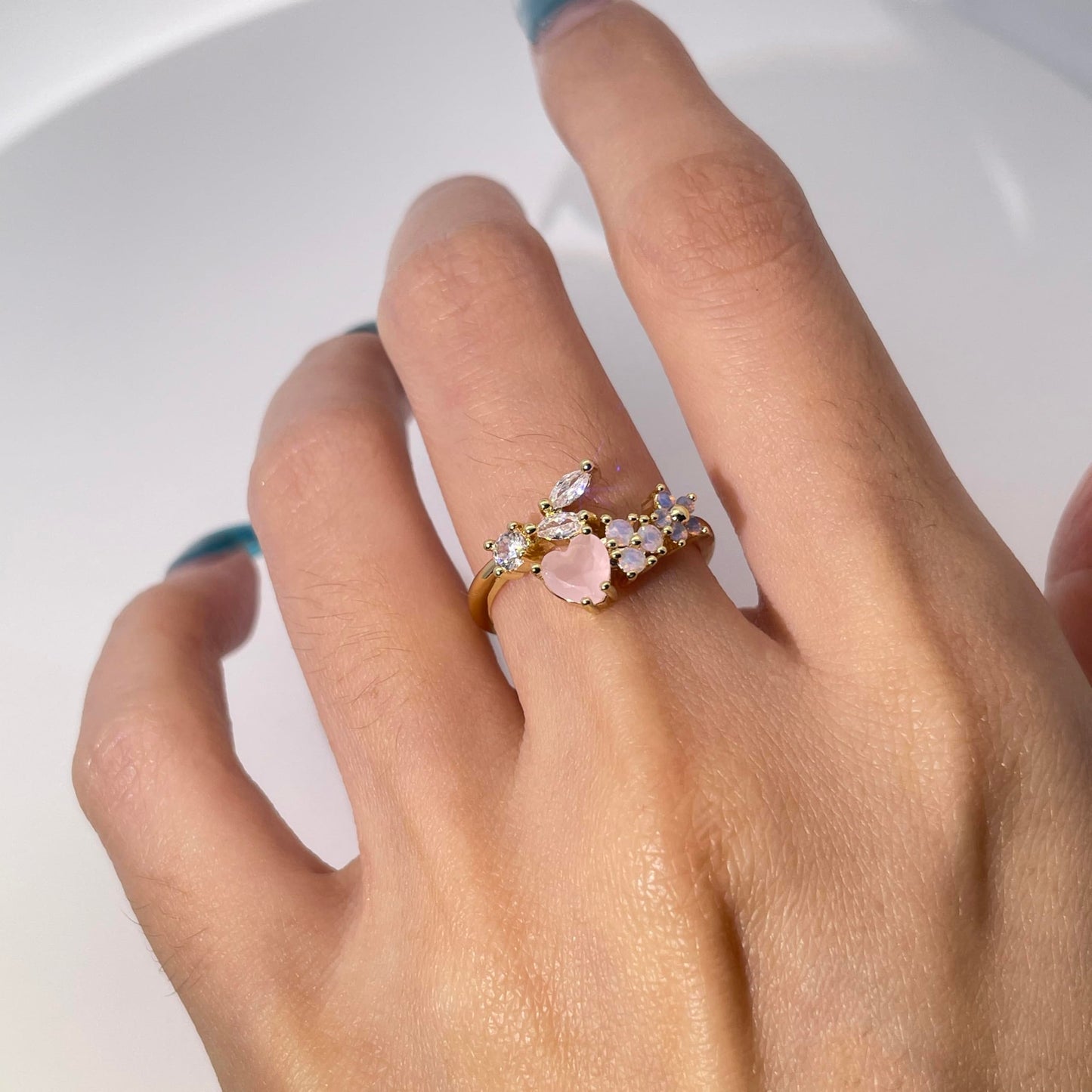 Warm Fortune  Heart Butterfly Cubic Zirconia Adjustable Open Ring for Women, 18K Gold Plated Stackable Promise Jewelry Gift