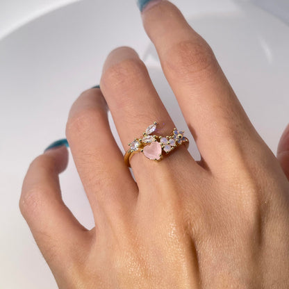 Warm Fortune  Heart Butterfly Cubic Zirconia Adjustable Open Ring for Women, 18K Gold Plated Stackable Promise Jewelry Gift