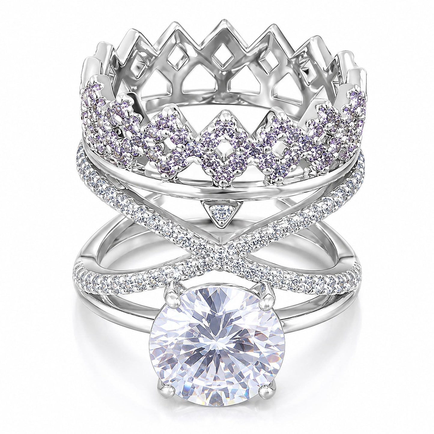 Warm Fortune Crown Three-Layer Engagement Ring Set for Women - 18K Gold Plated Cubic Zirconia, Wedding Proposal Gift, Romantic Promise, Size 7-9
