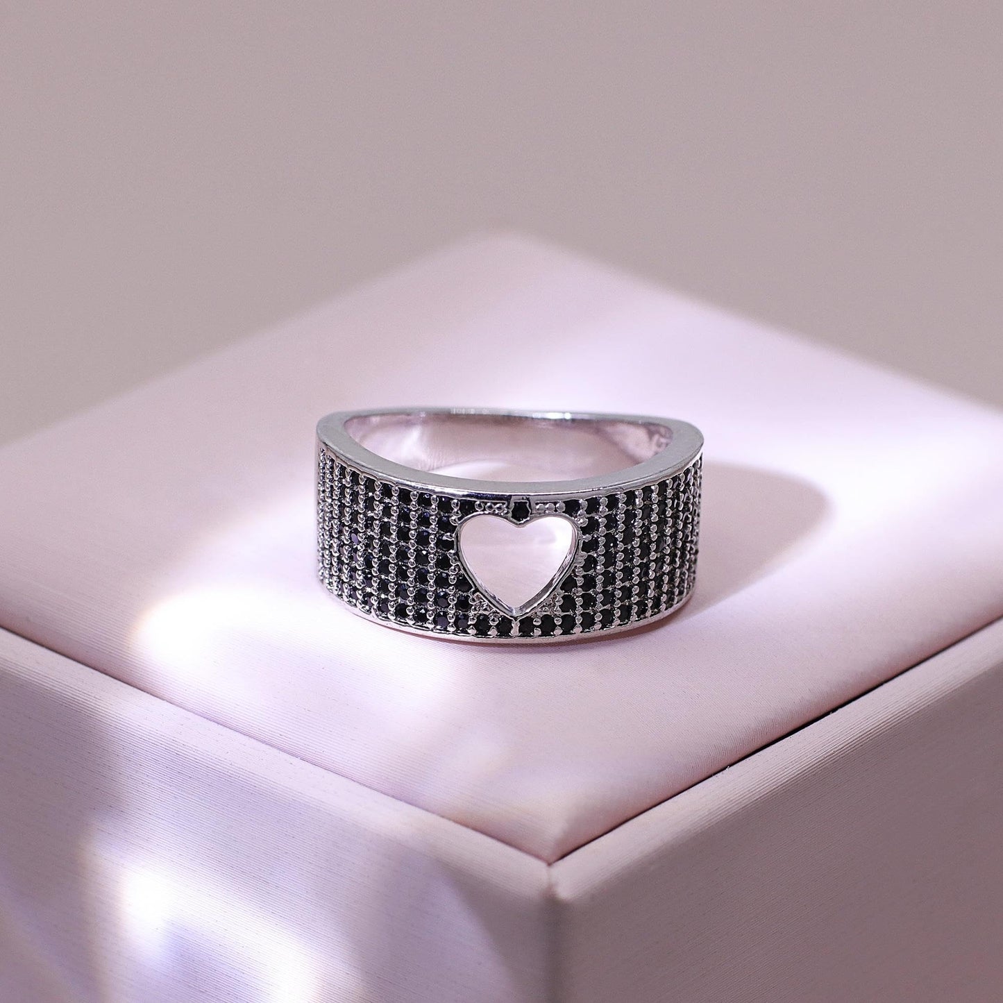Warm Fortune Wide Band Heart Cutout Black Zircon Promise Ring for Her - 18K Gold Plated, Stackable Gift Valentine's Day, Fashion & Daily Elegant Wear, Size 8