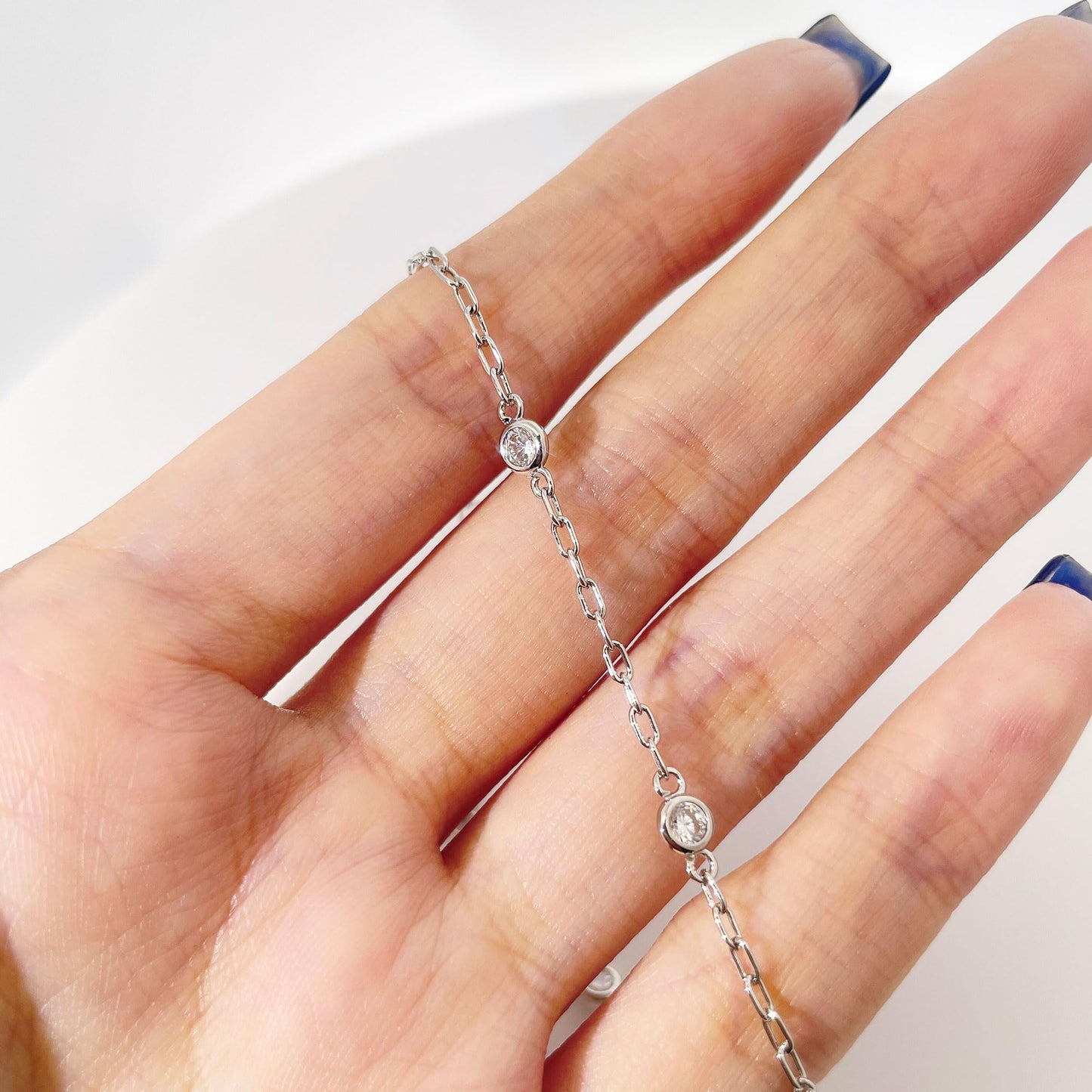 Warm Fortune Round Stone Station Bracelet for Women, Silver-Tone 6 Inch Adjustable Link Chain, Dainty Everyday Jewelry