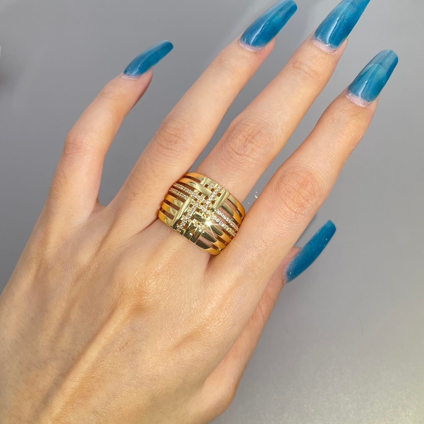 Warm Fortune Braided Cross Wide Band Statement Ring for Women, 18K Gold Plated Pave Cubic Zirconia Multi-Layer Geometric Fashion Ring, Size 7-10