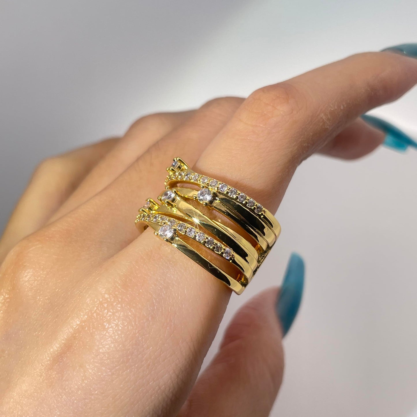 Warm Fortune Gold Plated Cubic Zirconia Band Ring, Hip Hop Street Style For Man or Women Fashion Jewelry