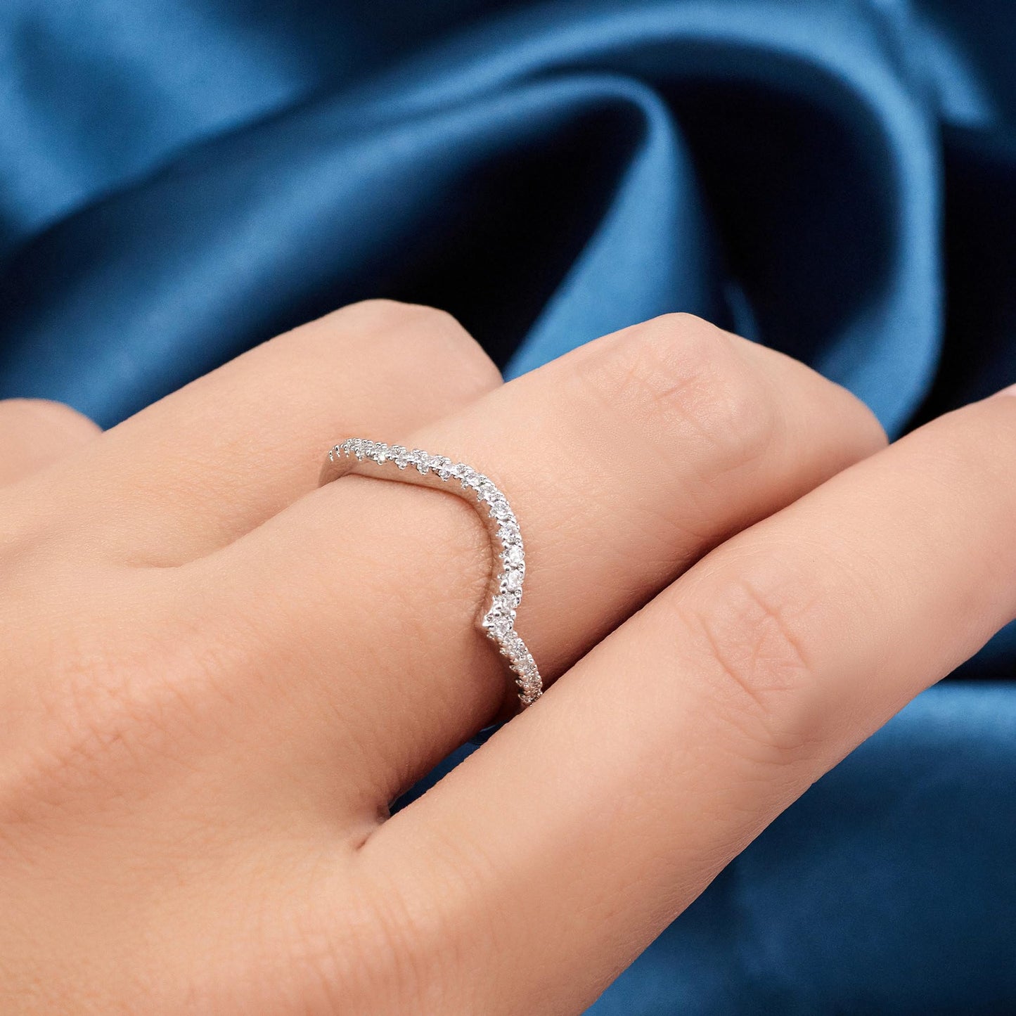 Warm Fortune V-Shape Pave CZ Stackable Band Ring for Women,18K Gold Plated Curved Wave Promise Wedding Jewelry Gift, Size 6-9