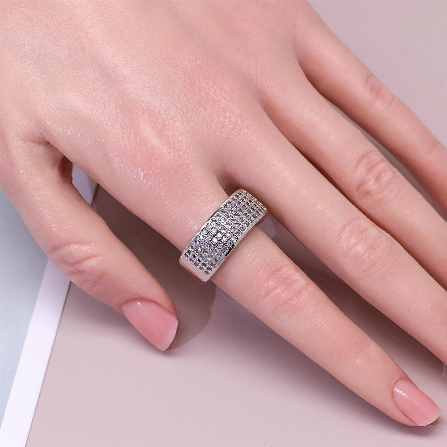 Warm Fortune Wide Band Stackable Ring for Women,18K Gold Plated Full Paved Cubic Zirconia Promise Daily Fashion Jewelry Gift, Size 7-9